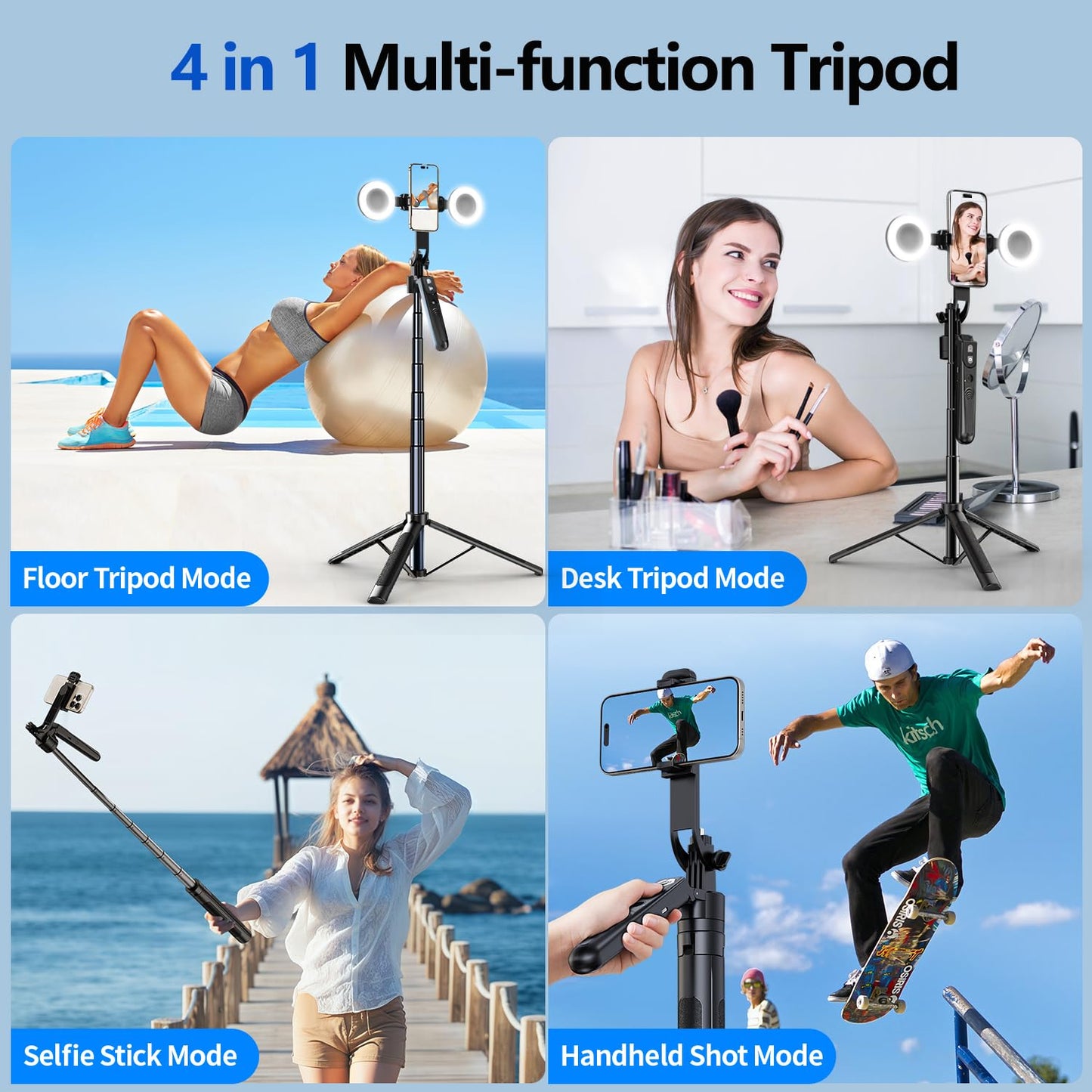 6FT 360° Creator Selfie Stick Tripod with Dual Ring Lights & Remote