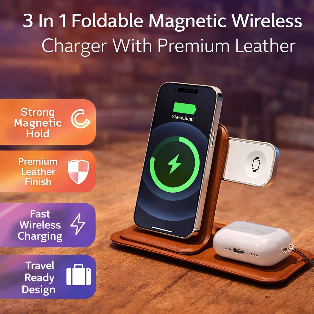 3 In 1 Foldable Magnetic Wireless Charger With Premium Leather