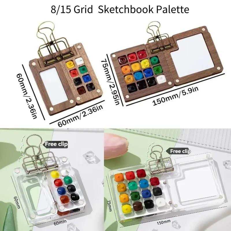 Mini Wooden Water-Colour Paint Palette (15-Grid with clip)