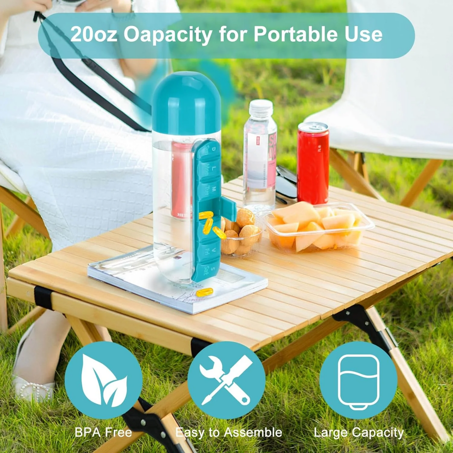 Portable Water Bottle With Built-in Pill Box