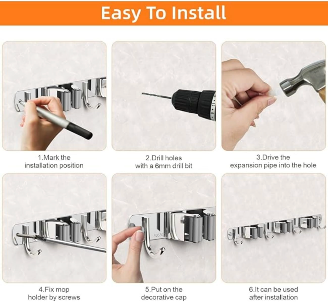 Wall Mounted Stainless Steel Mop Broom Holder