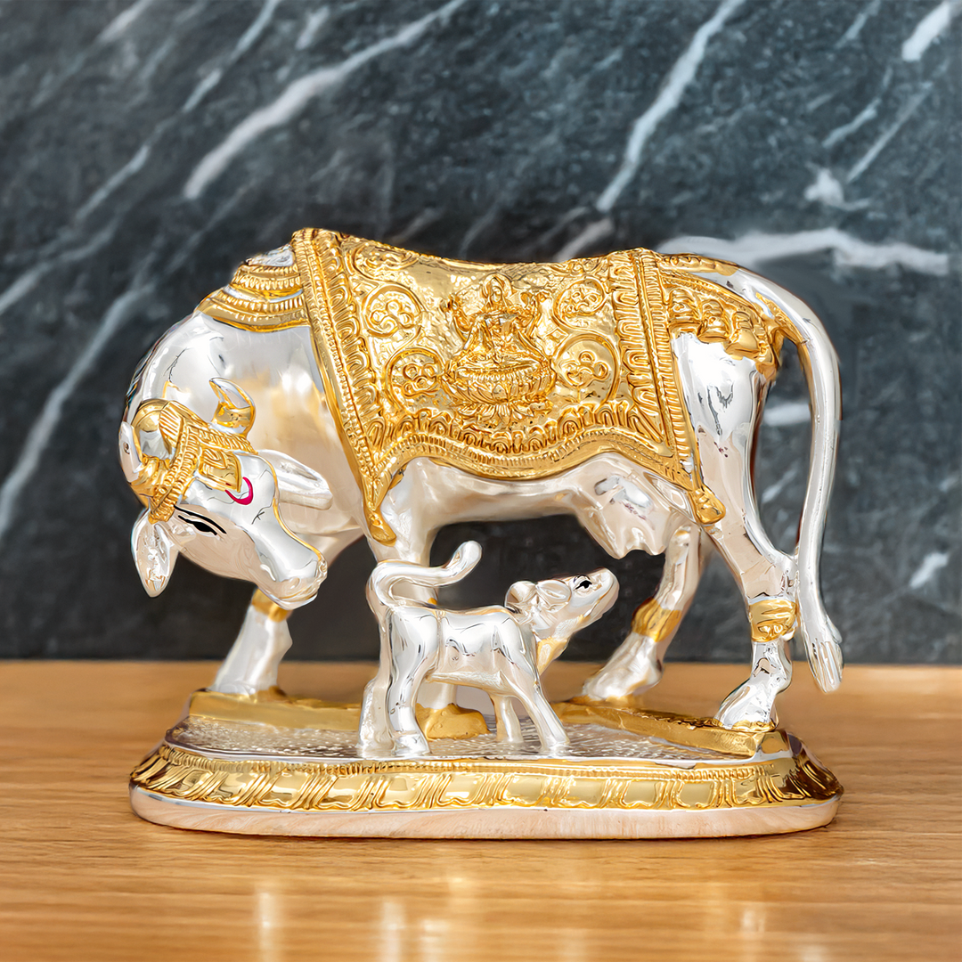 Kamdhenu Cow With Calf | 24k Gold & 999 Silver Plated