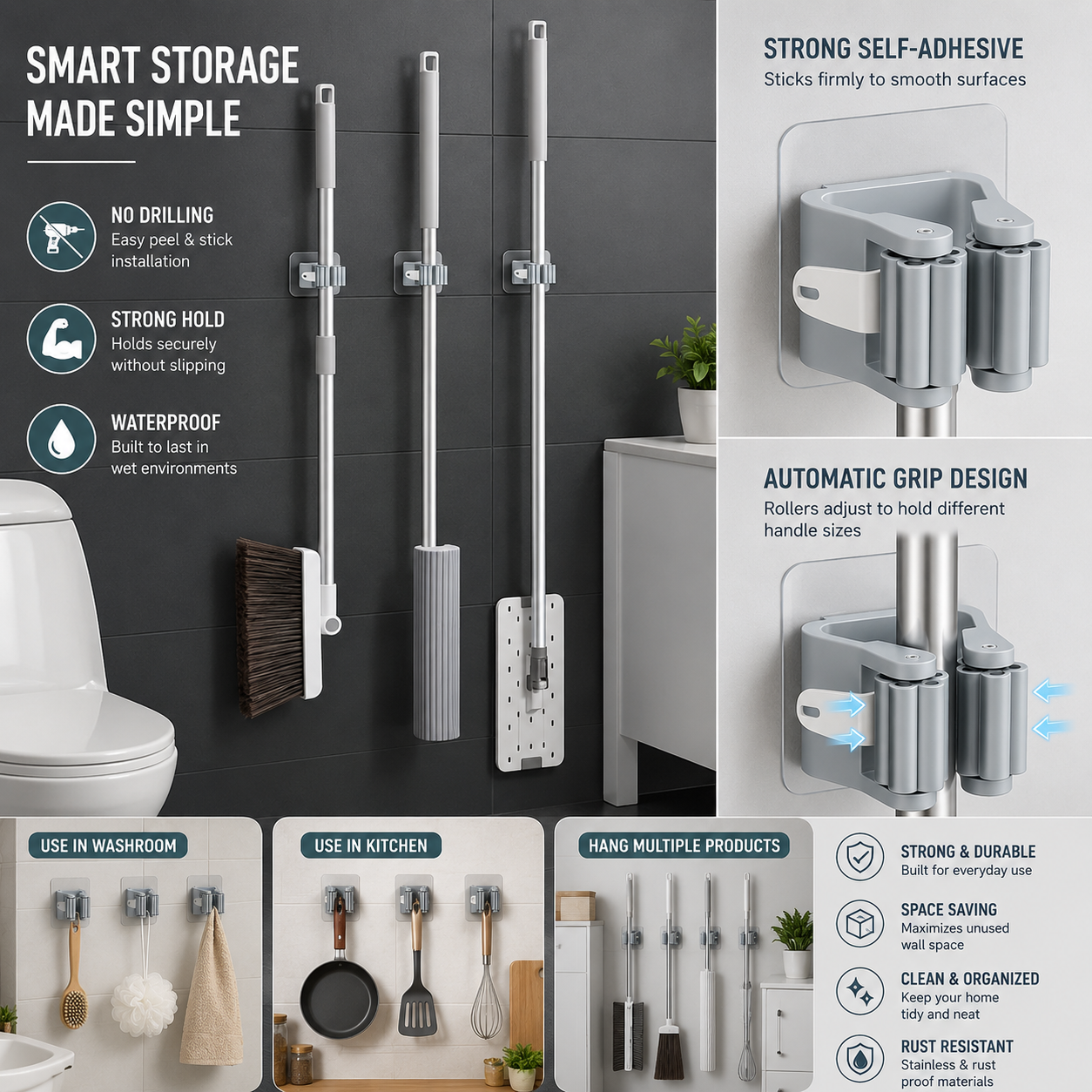 Wall Mounted Mop Organizer