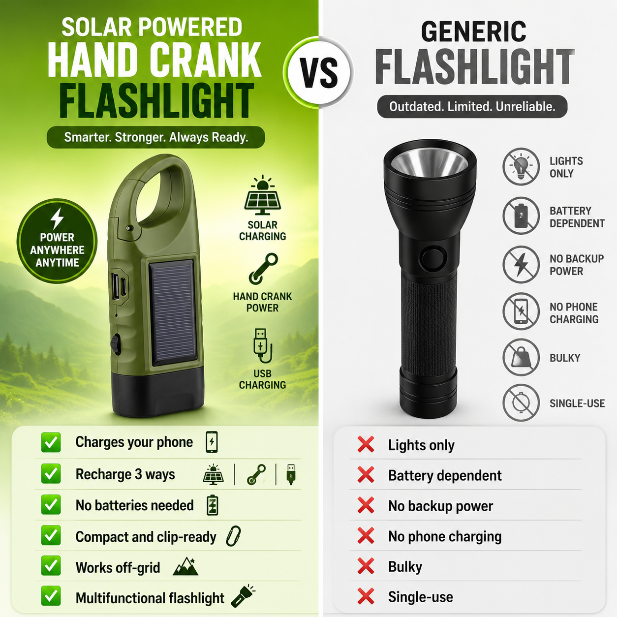 Solar Hand Crank Flashlight And Power Bank