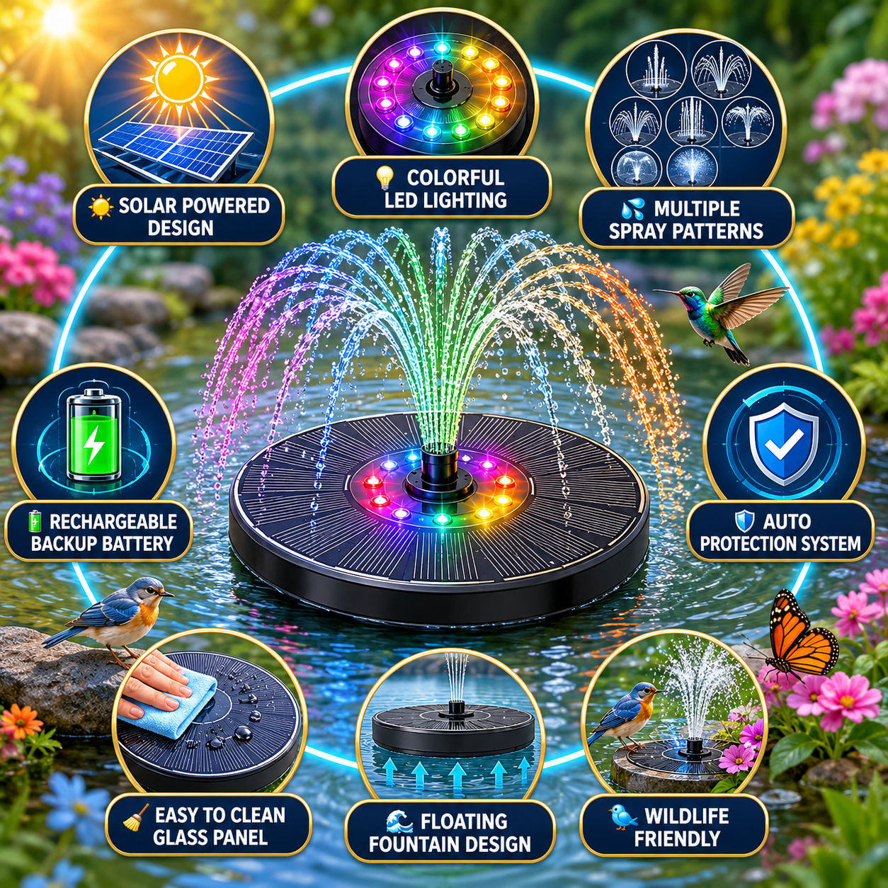 Portable Solar Pool Rotating Fountain With Light (7 colours)