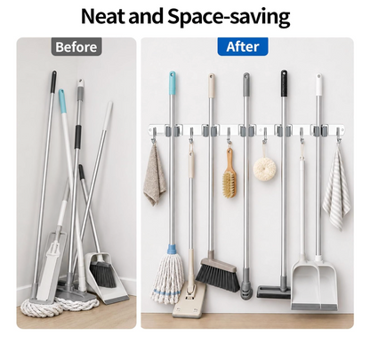 Wall Mounted Stainless Steel Mop Broom Holder (5 Clips and 6 Hooks)