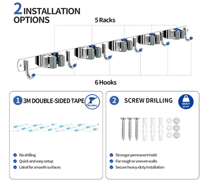 Wall Mounted Stainless Steel Mop Broom Holder (5 Clips and 6 Hooks)