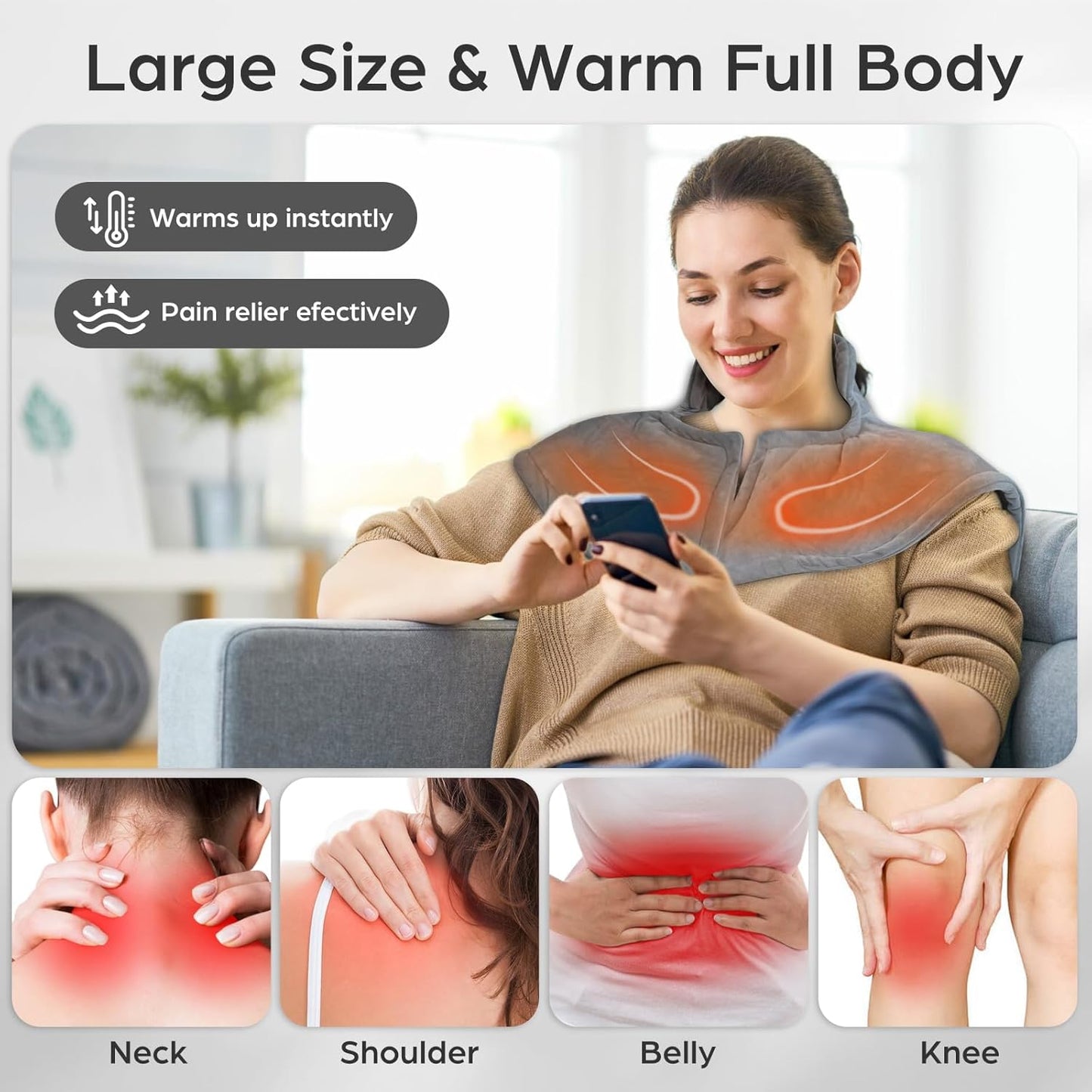 Electric Heating Pad for Neck, Shoulder & Back Pain with Temperature Control