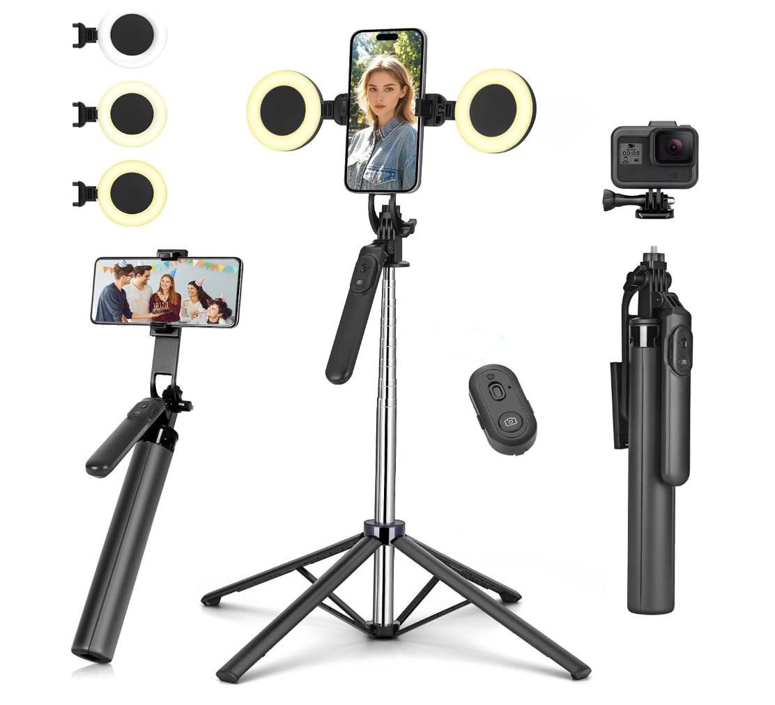 6FT 360° Creator Selfie Stick Tripod with Dual Ring Lights & Remote