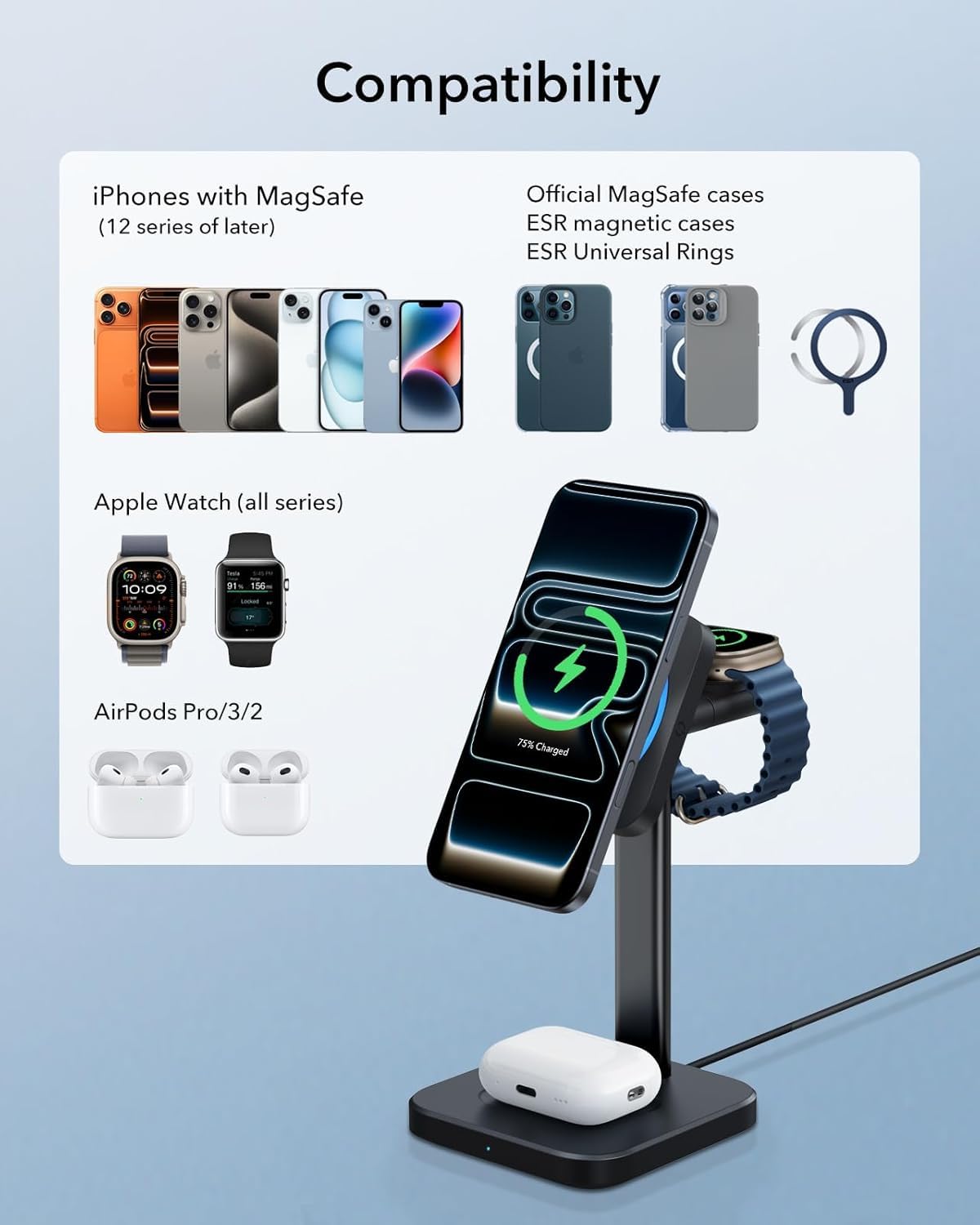 3 In 1 Fast Wireless Magnetic Charger Stand With Active Cooling