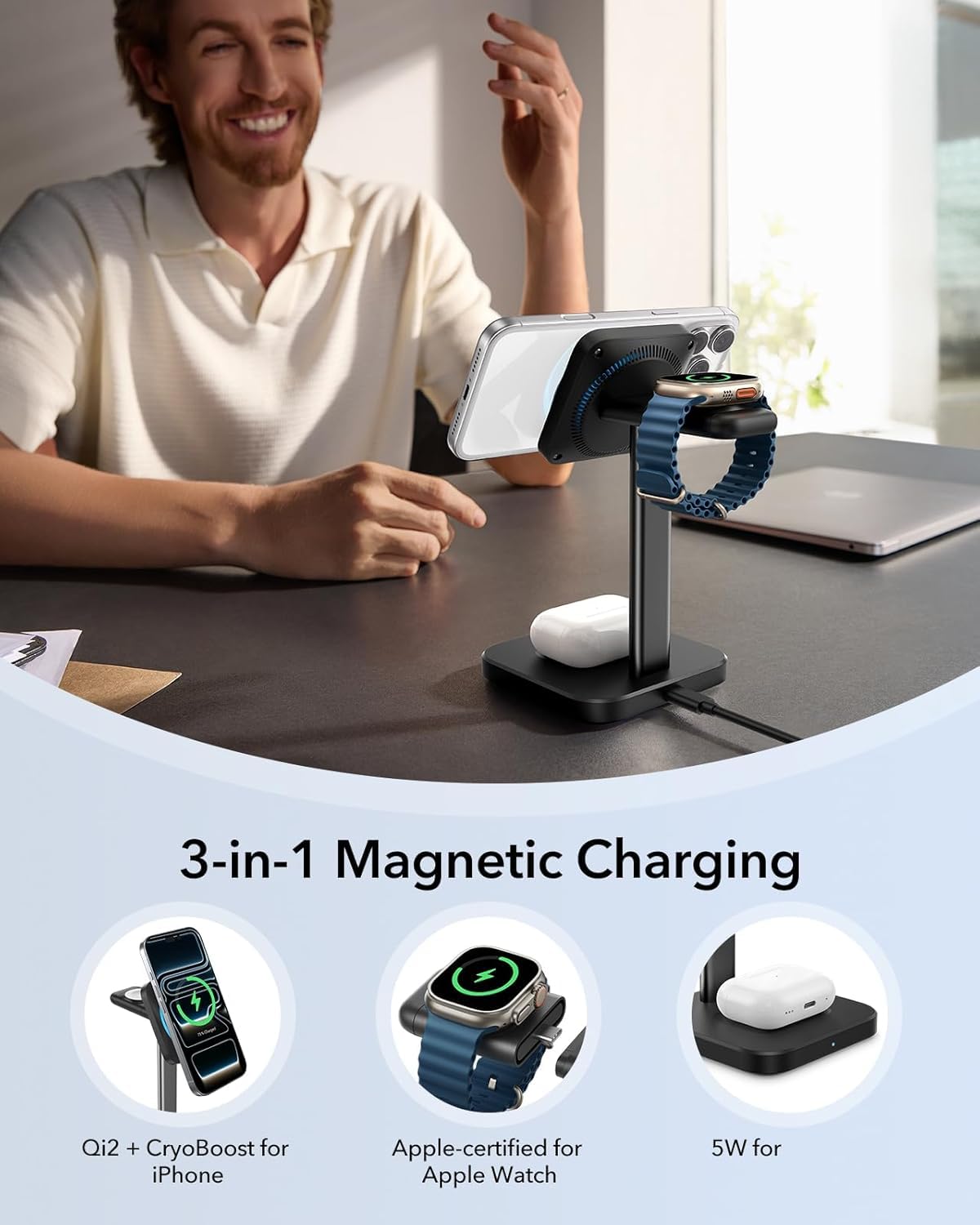 3 In 1 Fast Wireless Magnetic Charger Stand With Active Cooling
