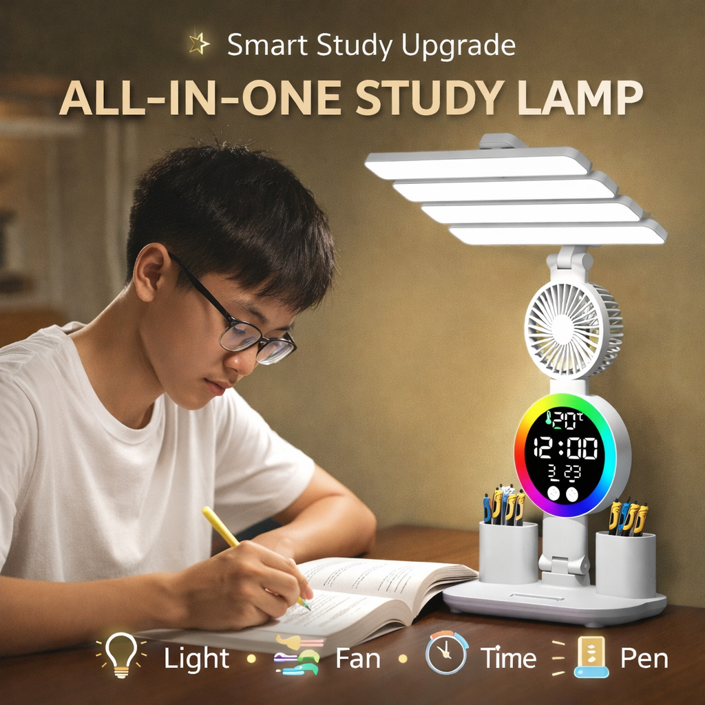 Rechargeable LED Desk Lamp With Digital Clock & Fan ( Pen Holder)