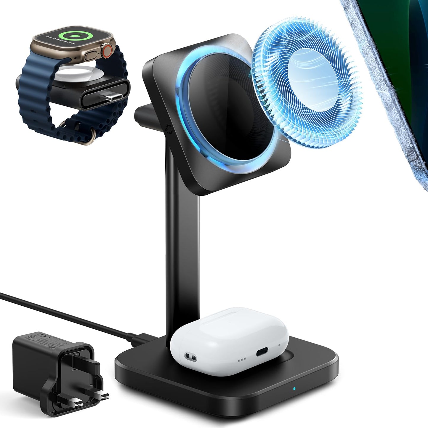 3 In 1 Fast Wireless Magnetic Charger Stand With Active Cooling