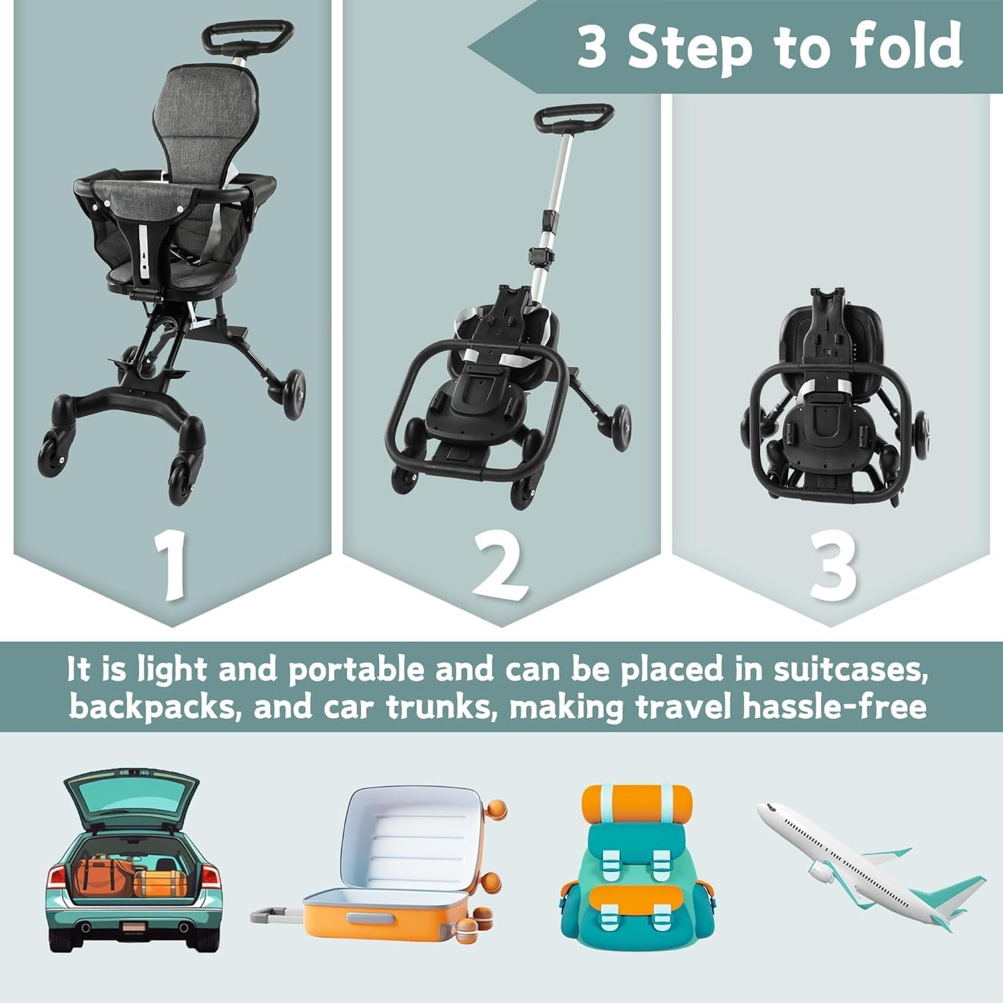 Lightweight Foldable Baby Stroller – Compact, Travel-Friendly, with Recline & Large Storage