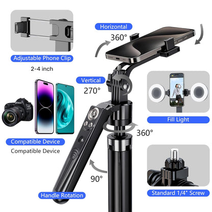 6FT 360° Creator Selfie Stick Tripod with Dual Ring Lights & Remote