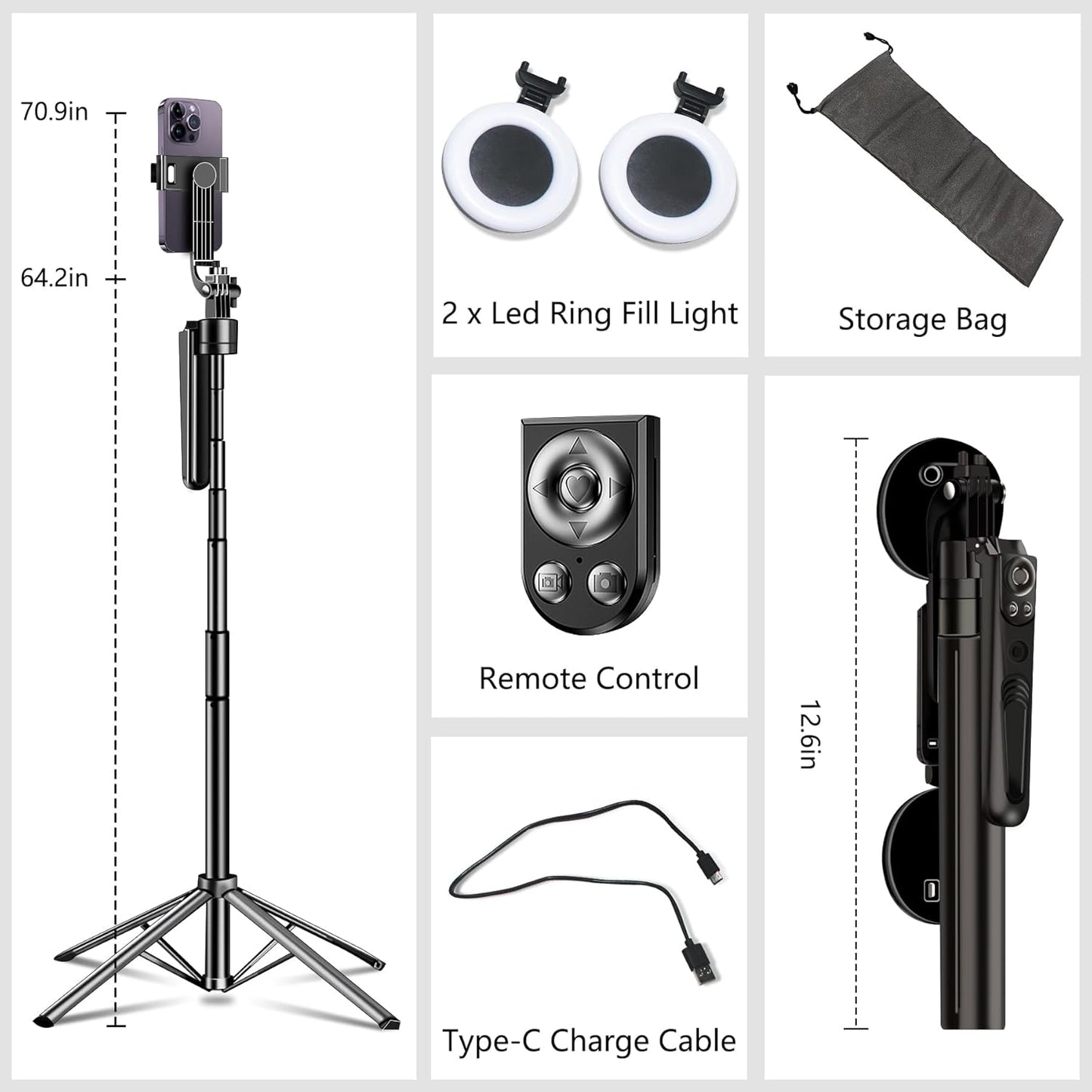 6FT 360° Creator Selfie Stick Tripod with Dual Ring Lights & Remote
