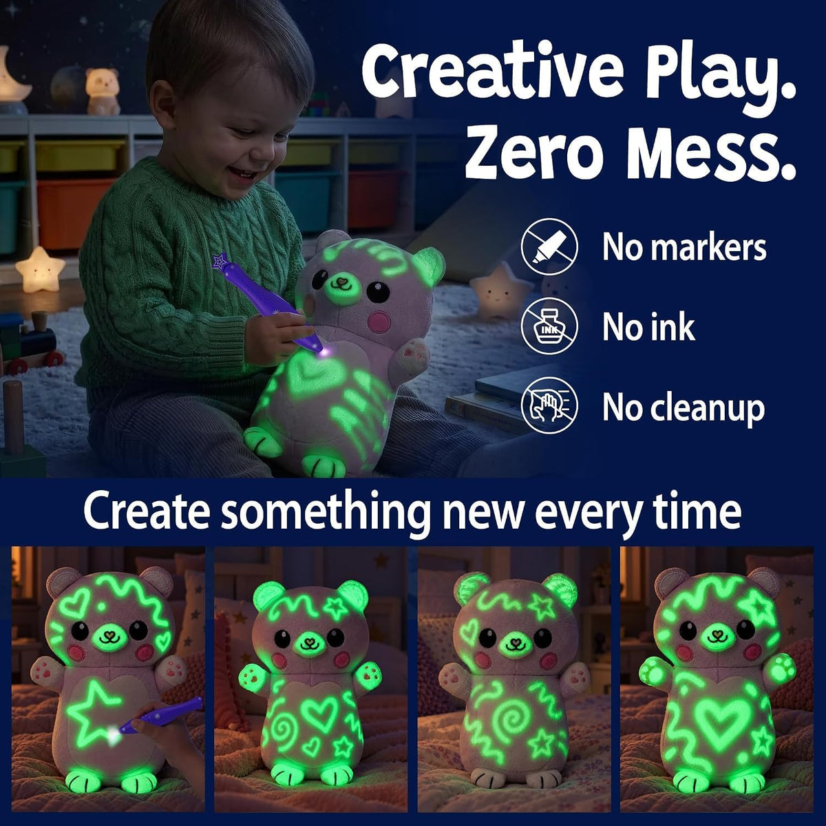UV Light-Drawing Plush Animal Toy with Magical Pen