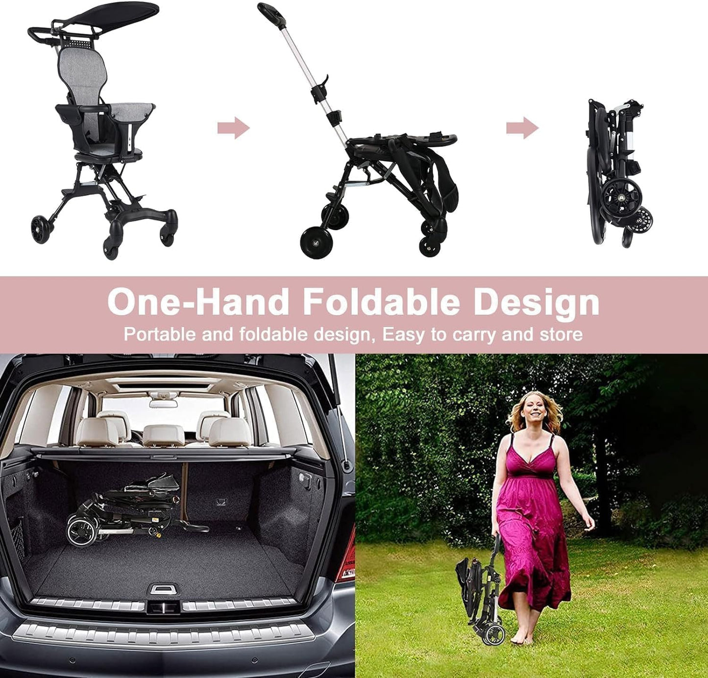 Lightweight Foldable Baby Stroller – Compact, Travel-Friendly, with Recline & Large Storage