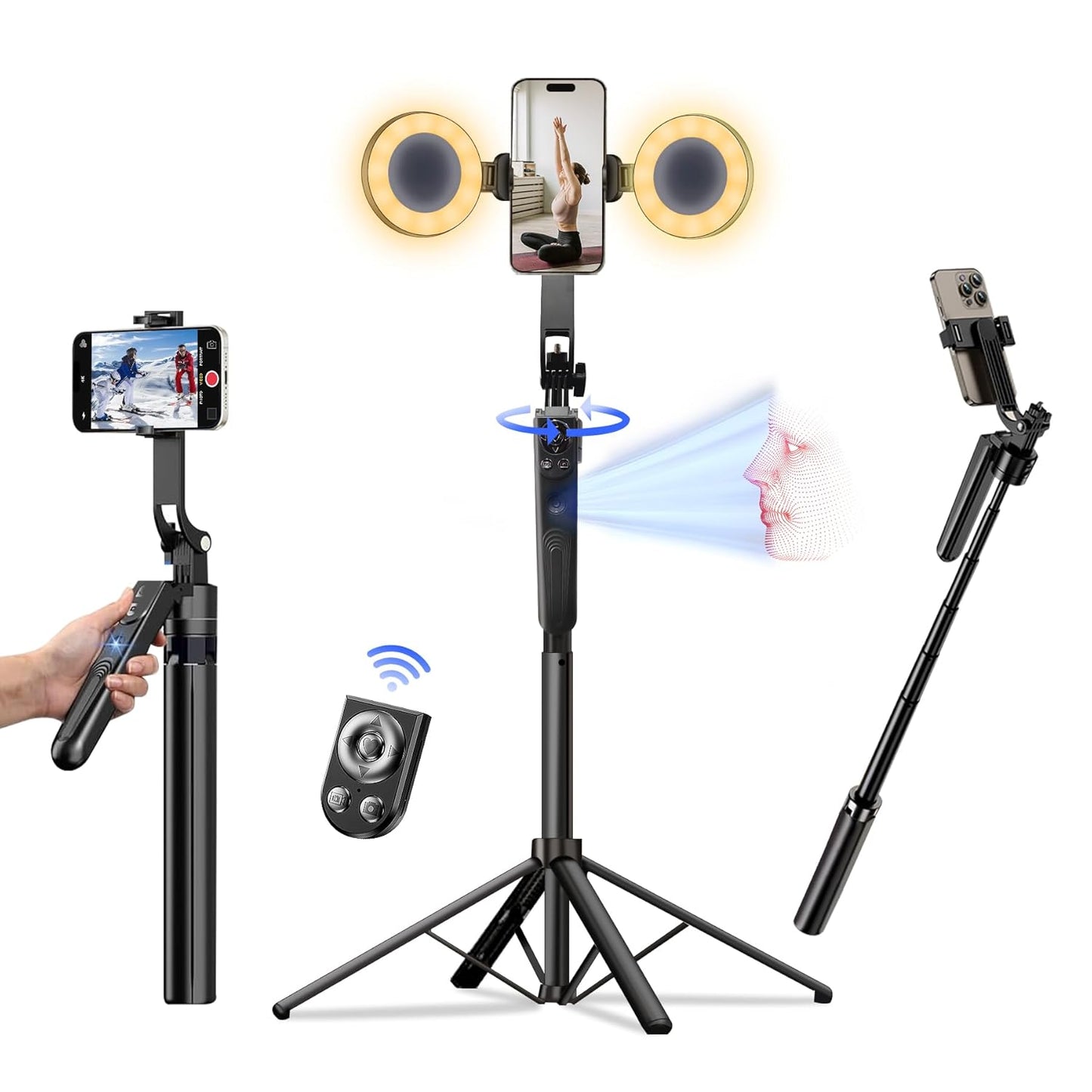 6FT 360° Creator Selfie Stick Tripod with Dual Ring Lights & Remote