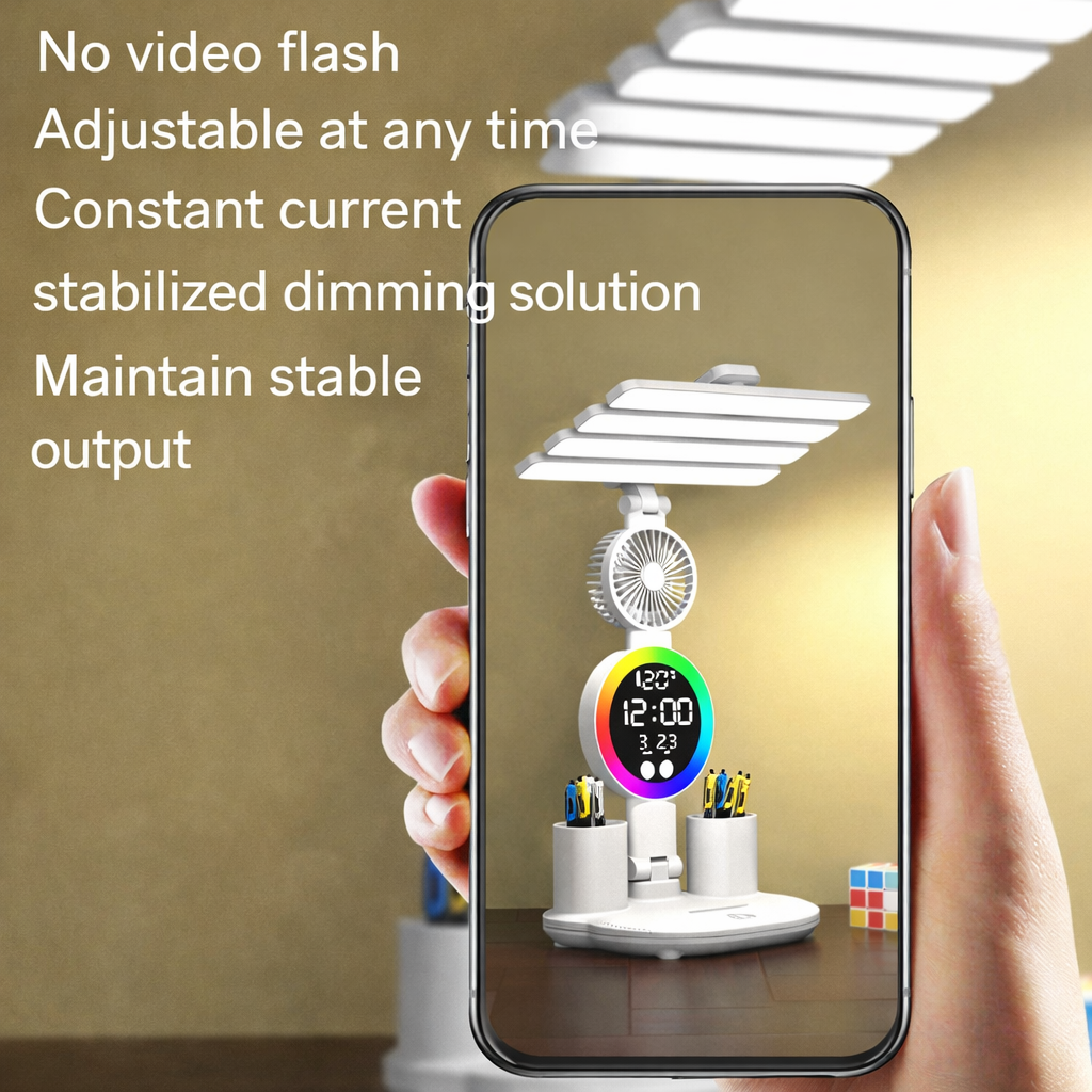 Rechargeable LED Desk Lamp With Digital Clock & Fan ( Pen Holder)