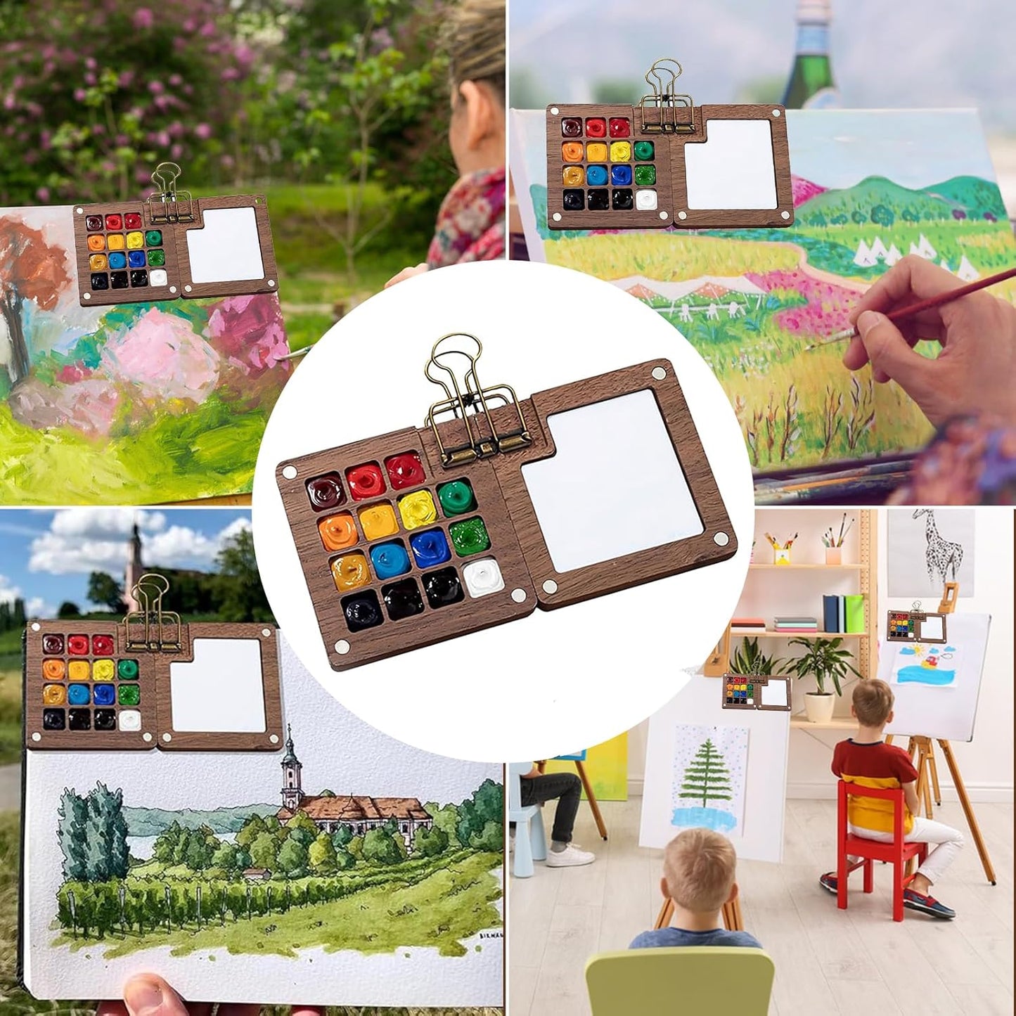Mini Wooden Water-Colour Paint Palette (15-Grid with clip)