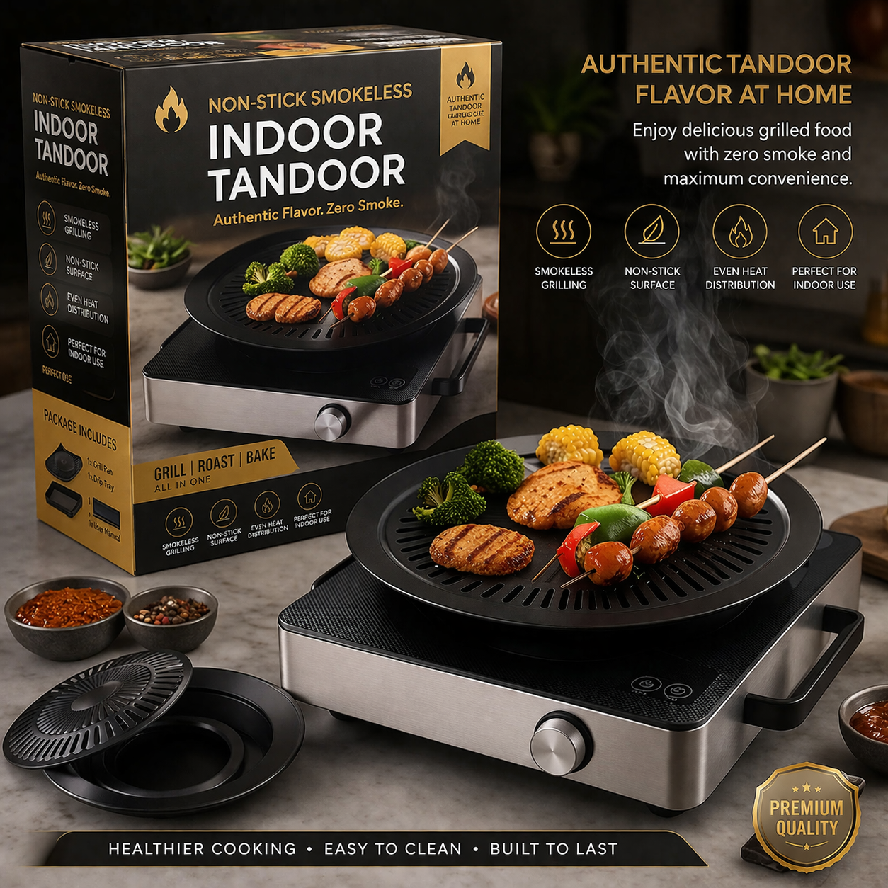 Smokeless Portable Indoor & Outdoor BBQ Tandoor (Non-Stick)