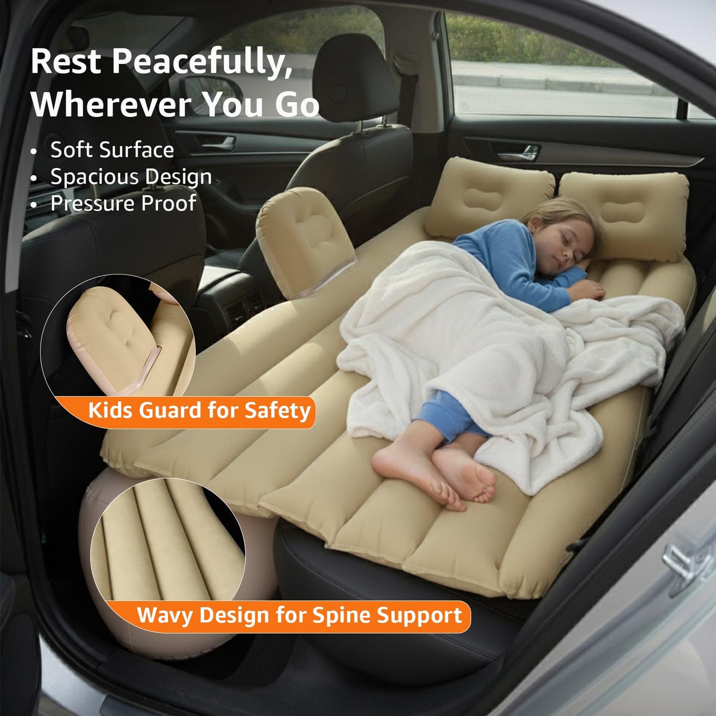 Portable Car Backseat Inflatable Air Mattress Bed with 2 Pillows