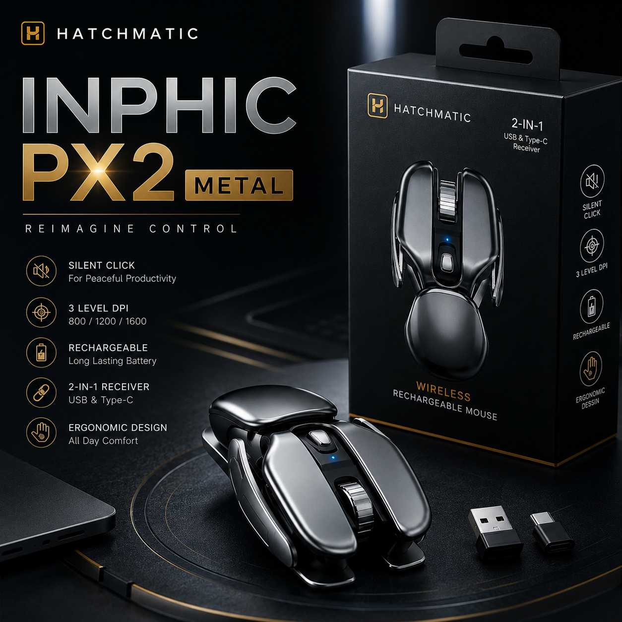 Inphic PX2 Metal Wireless Office & Gaming Mouse