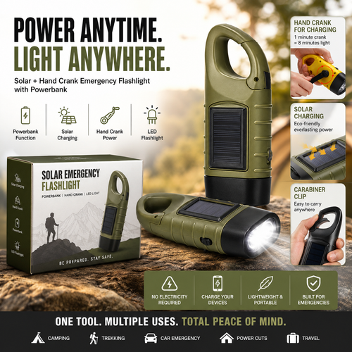 Solar Hand Crank Flashlight And Power Bank