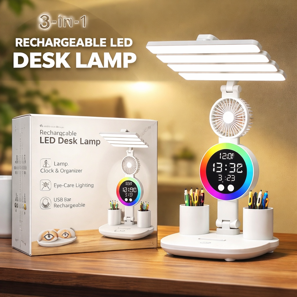 Rechargeable LED Desk Lamp With Digital Clock & Fan ( Pen Holder)