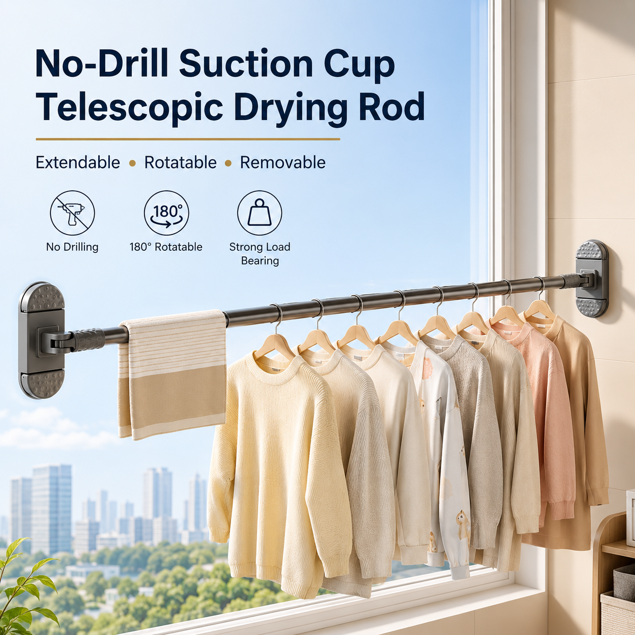 No-Drill Suction Cup Telescopic Drying Rod
