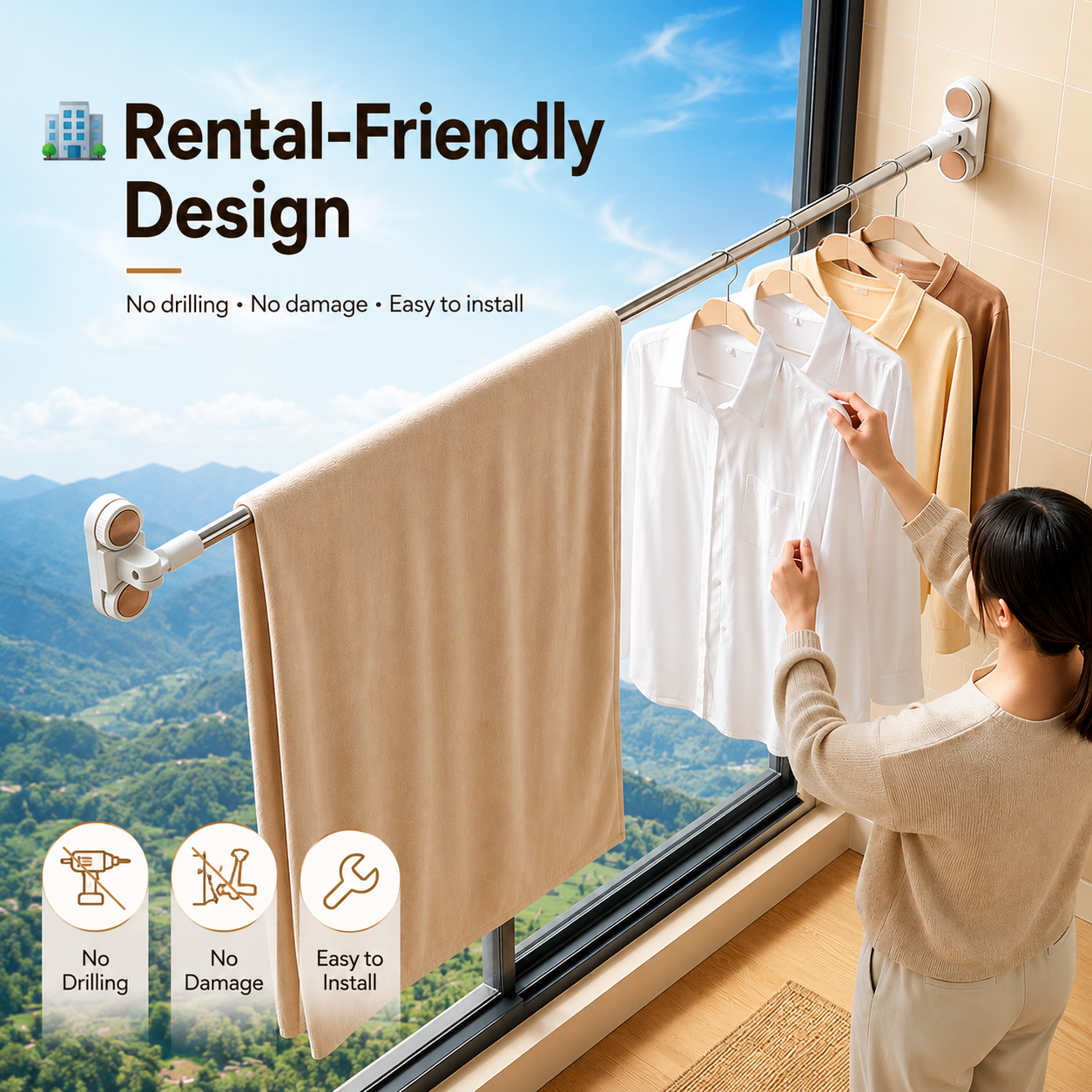 No-Drill Suction Cup Telescopic Drying Rod