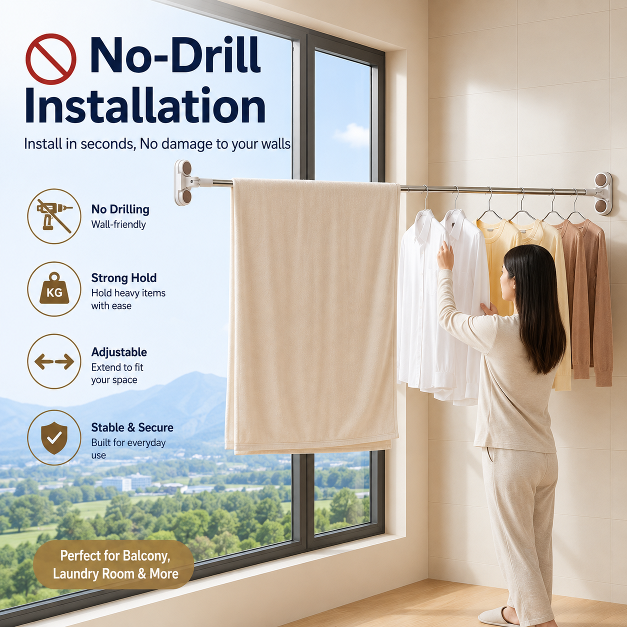 No-Drill Suction Cup Telescopic Drying Rod