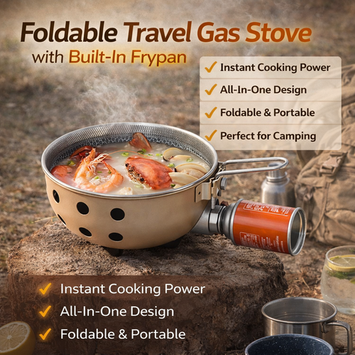 Foldable Travel Gas Stove with Built-in Frypan