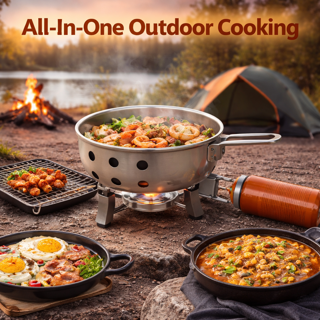 Foldable Travel Gas Stove with Built-in Frypan