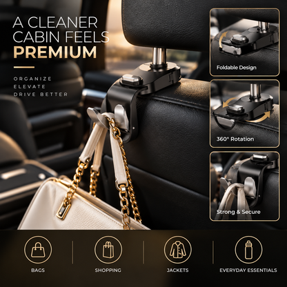 Car Seat Back Headrest Hook with Foldable Dual Hangers