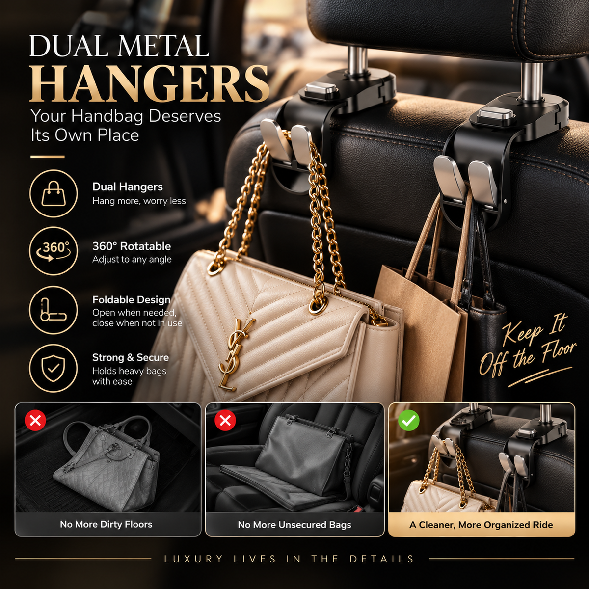 Car Seat Back Headrest Hook with Foldable Dual Hangers