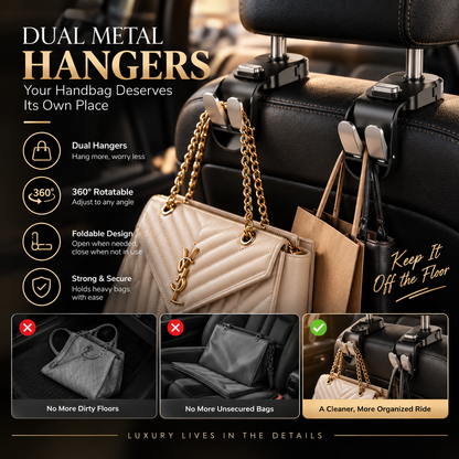 Car Seat Back Headrest Hook with Foldable Dual Hangers