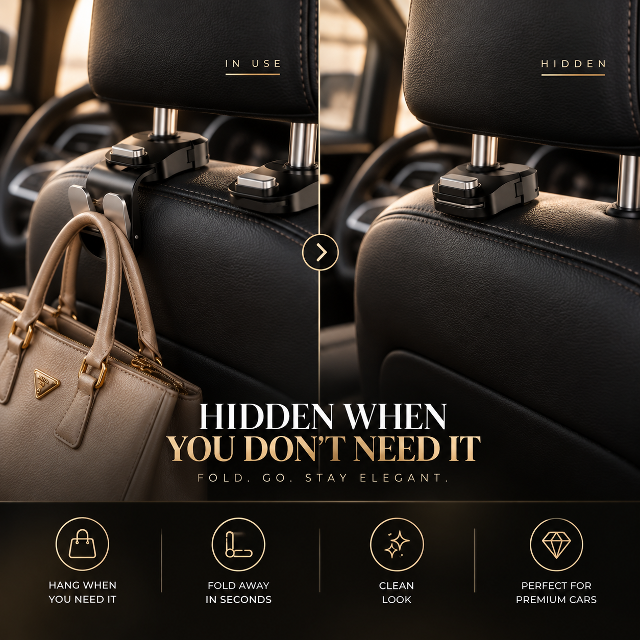 Car Seat Back Headrest Hook with Foldable Dual Hangers