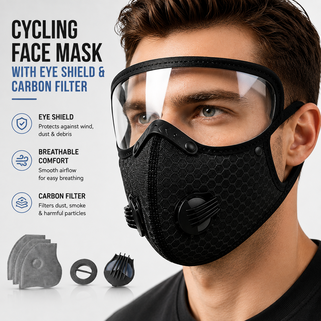 Cycling Face Mask with Eye Shield & Carbon Filter (Unisex)
