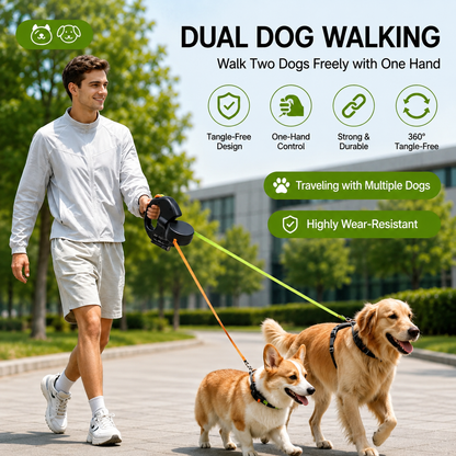 Dual Retractable Dog Leash with LED Light & Waste Bag Holder