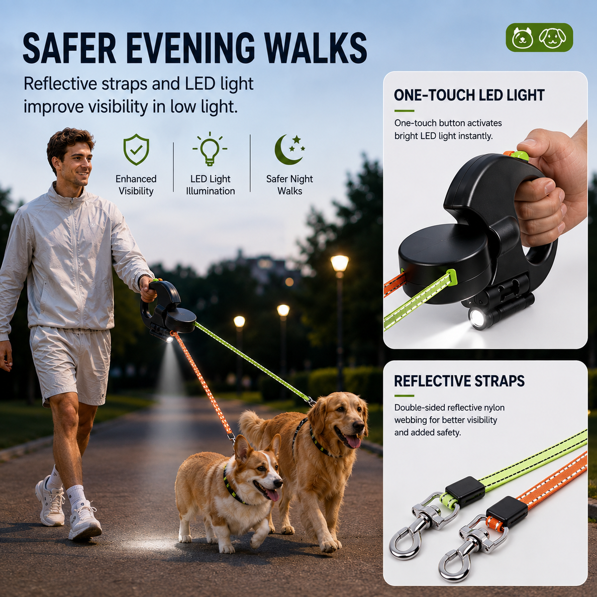 Dual Retractable Dog Leash with LED Light & Waste Bag Holder