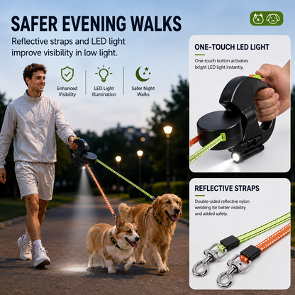 Dual Retractable Dog Leash with LED Light & Waste Bag Holder