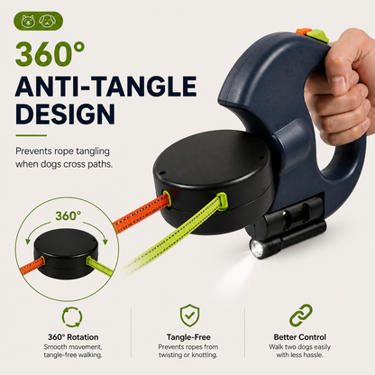 Dual Retractable Dog Leash with LED Light & Waste Bag Holder
