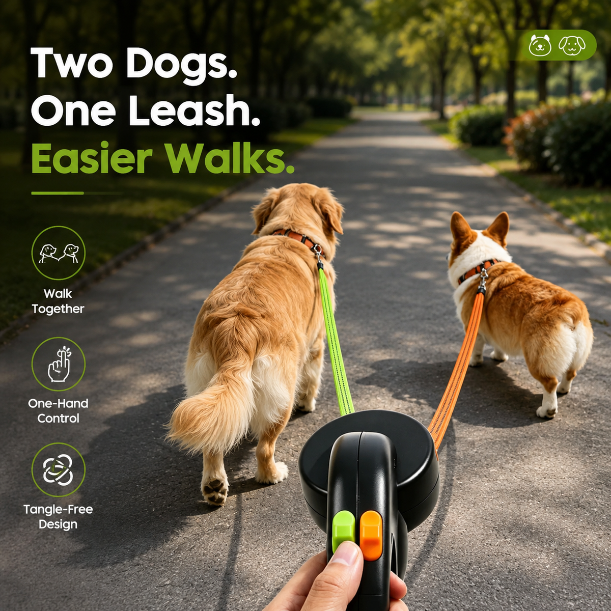 Dual Retractable Dog Leash with LED Light & Waste Bag Holder