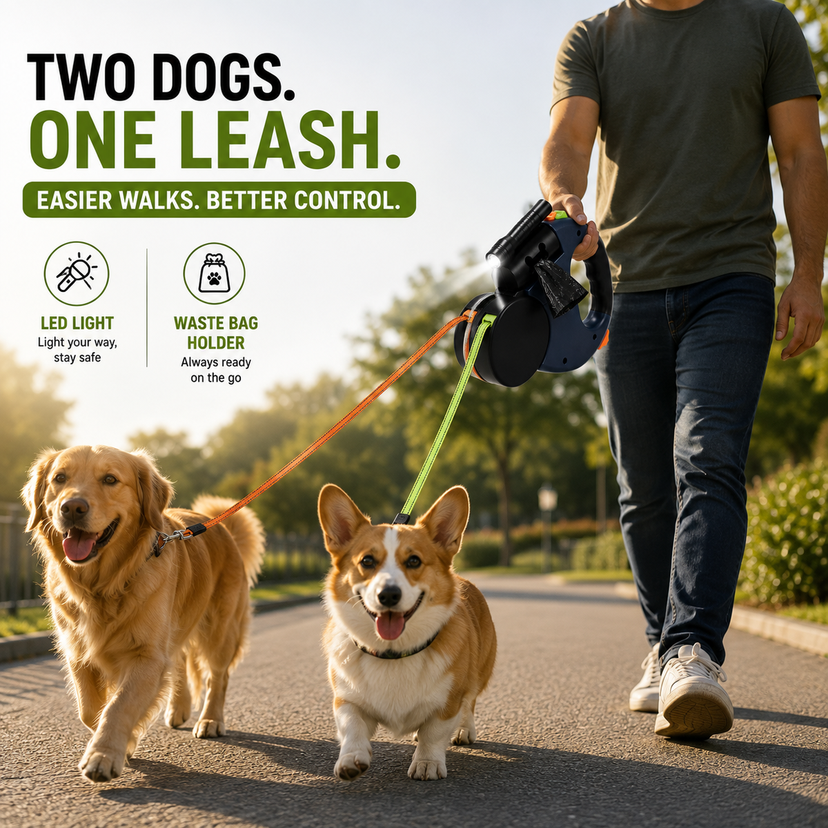 Dual Retractable Dog Leash with LED Light & Waste Bag Holder