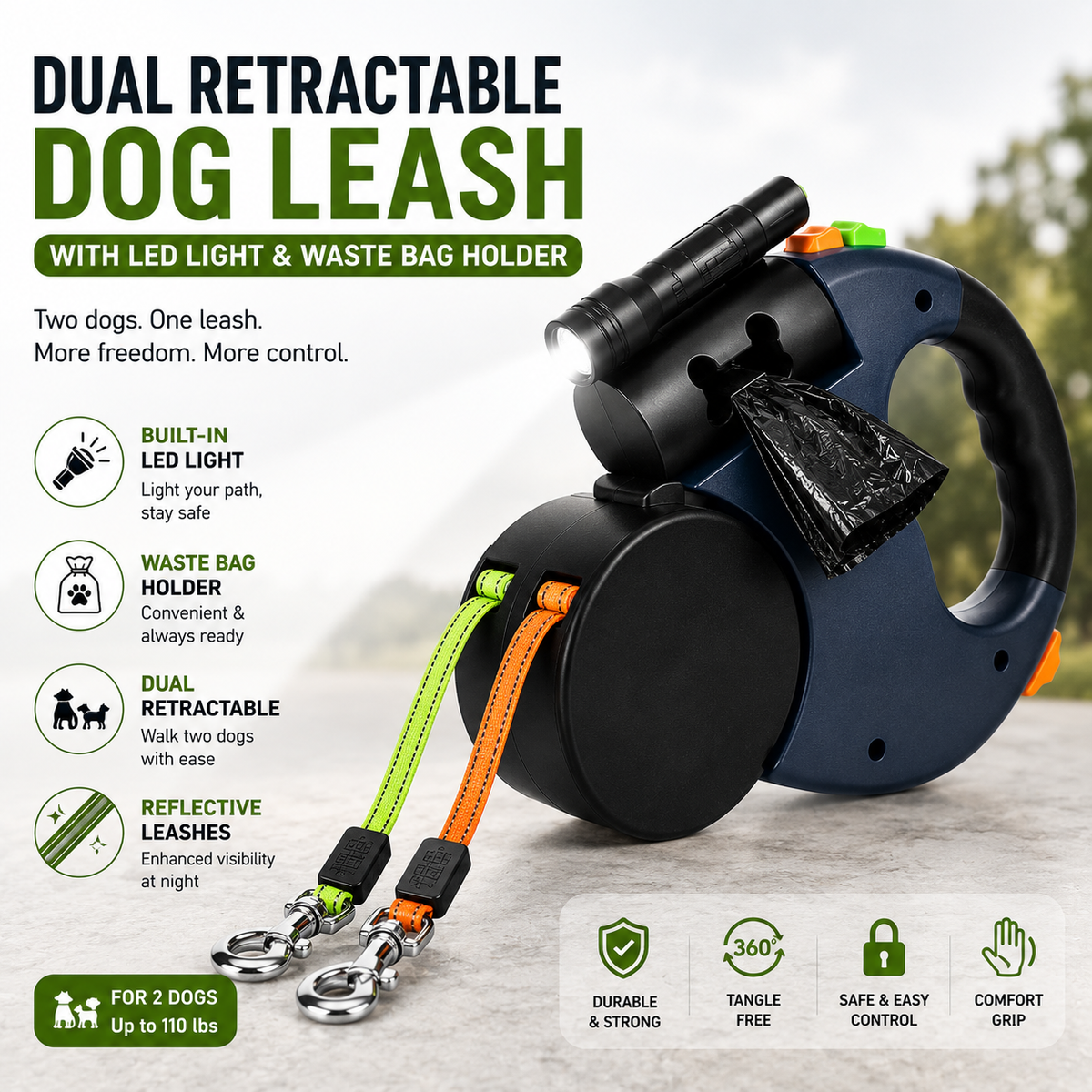 Dual Retractable Dog Leash with LED Light & Waste Bag Holder