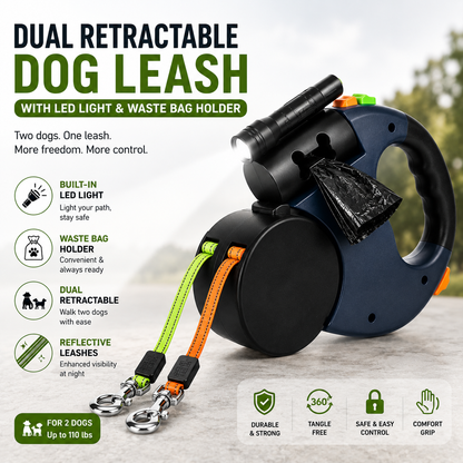 Dual Retractable Dog Leash with LED Light & Waste Bag Holder