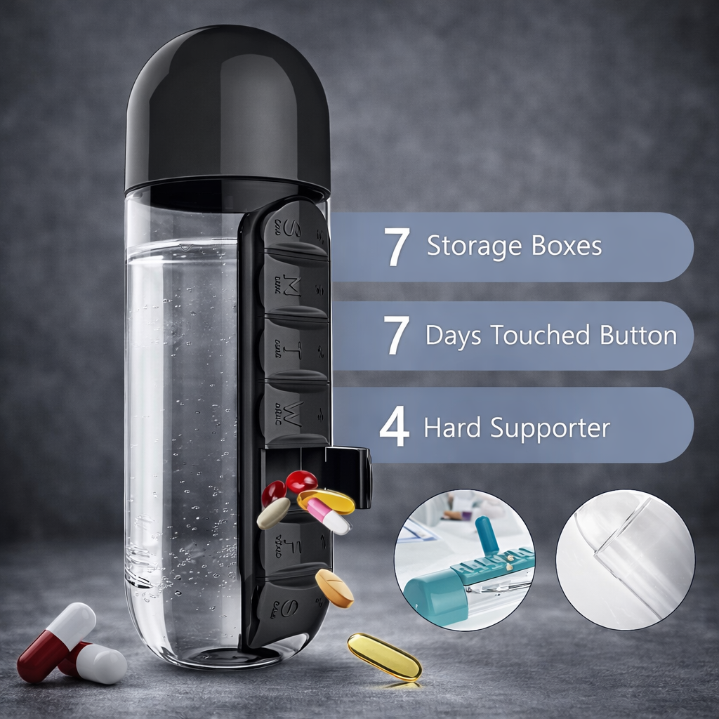 Portable Water Bottle With Built-in Pill Box