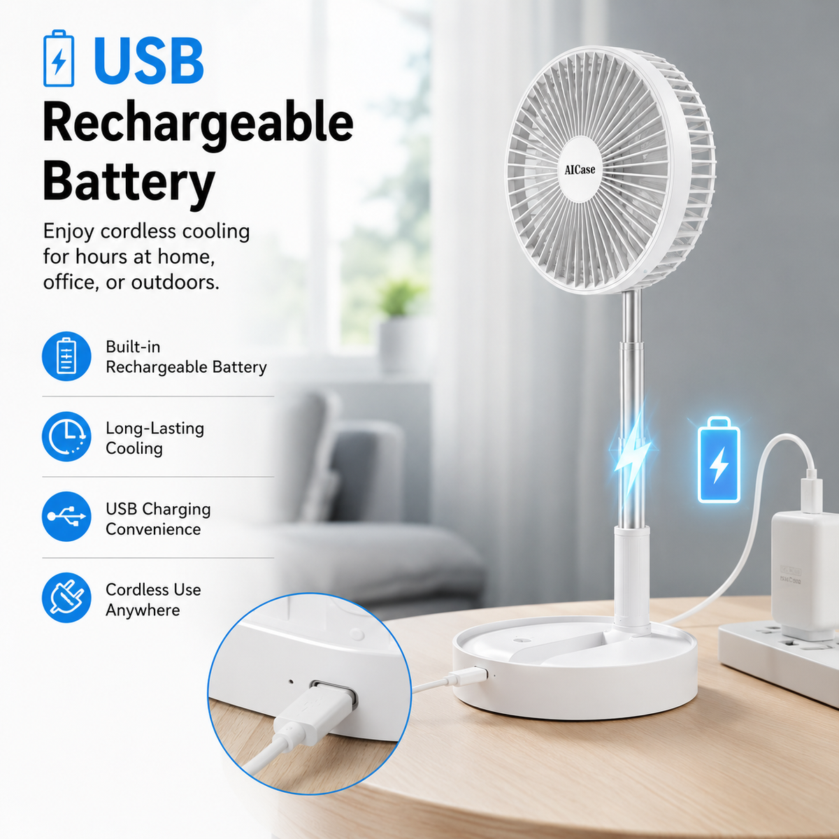 Folding Portable Retractable Floor Fan USB With Remote